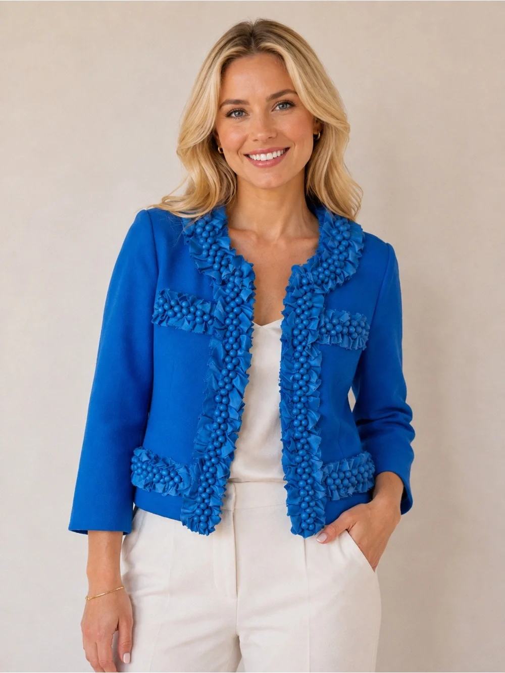 J. Crew Cobalt Blue Ruffle-Trim Open Blazer